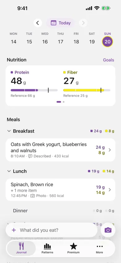 The Food & Fit Journal screen: 48 g protein against a 66 g reference, 27 g fiber against a 25 g reference, and the day's meals grouped under Breakfast, Lunch and Dinner.
