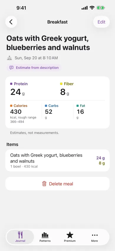 An editable meal estimate in Food & Fit, with food items and nutrition values ready to review before saving.