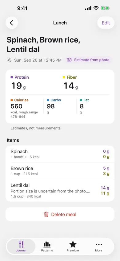 Meal capture in Food & Fit with a photo of a meal and the estimated items listed underneath, each with editable protein and fiber values.