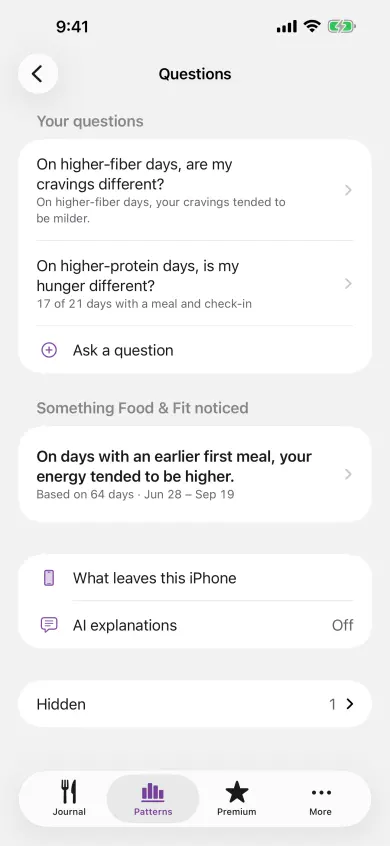 The Food & Fit question menu for exploring food-and-feeling associations.